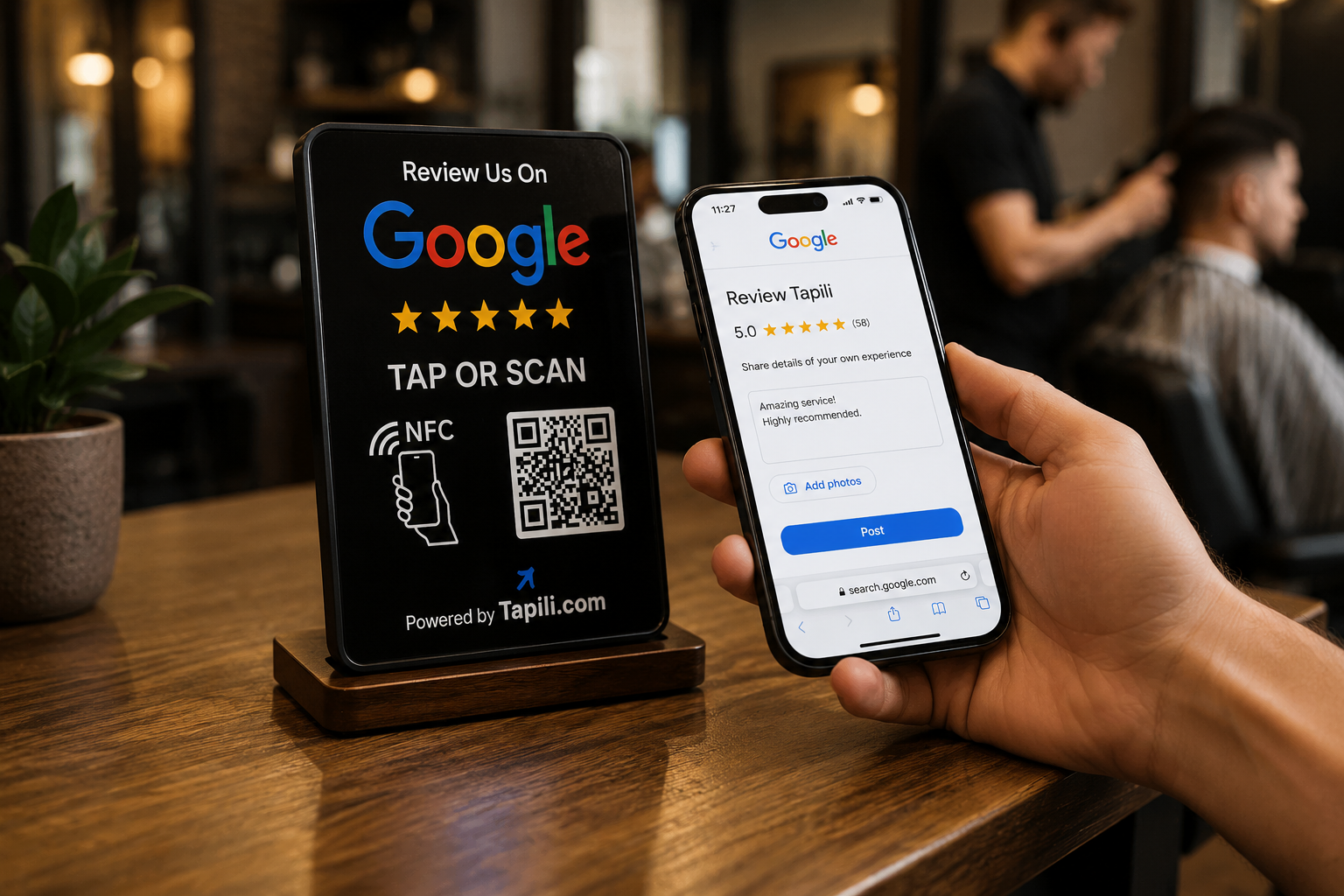 Tapili NFC Review Stand opening Google Reviews on a phone