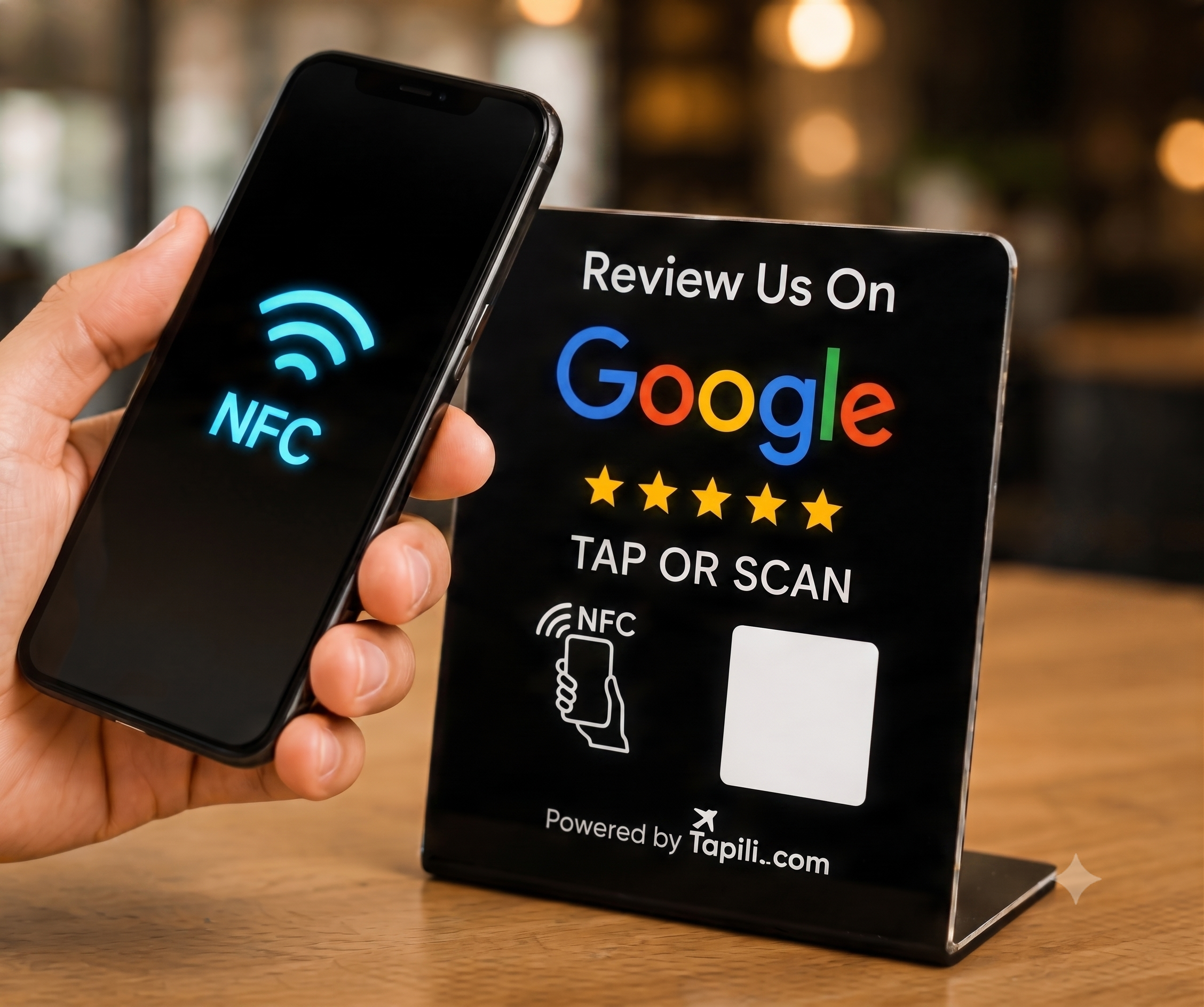 Tapili NFC Review Stand on a counter